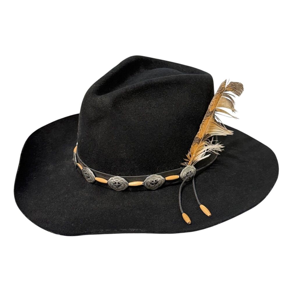 Charlie 1 Horse Triple XXX Fur Blend Black Cowboy Hat Conchos Feather 7 1/8